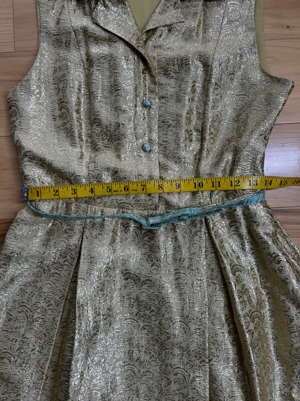 Duro Olowu Gold and Mint Green Metallic Fit-and-Flare Dress | Size 6 - Picture 4 of 11